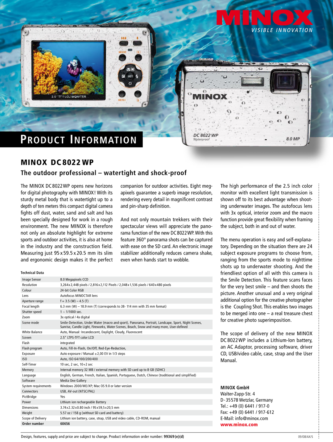 Minox DC8022 manual Product Information, Minox DC 8022 WP, Outdoor professional watertight and shock-proof, Minox GmbH 